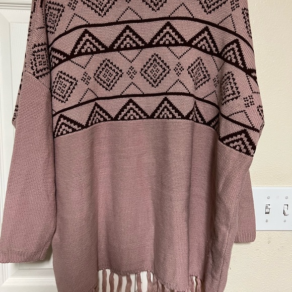Pink burgundy open sweater kimono fringe cardigan - Picture 3 of 4